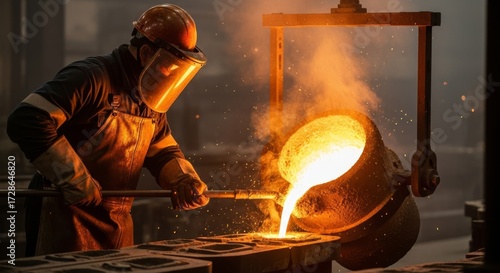 Metalworker Pouring Molten Metal in Foundry.