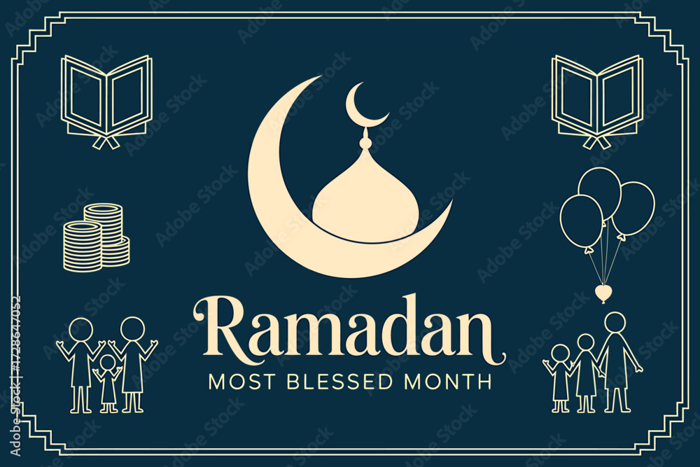 Fototapeta premium Ramadan Festival Ornaments with Topi, Lanterns, and Quran Elements