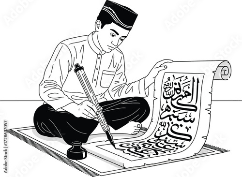 A young Muslim man engrossed in the art of calligraphy, meticulously writing on a scroll.