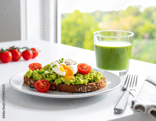 Desayuno saludable con tostadas integrales de aguacate, huevo poché y tomates cherry, acompañado de frutas rojas frescas y smoothie verde en mesa iluminada por la luz natural de la mañana