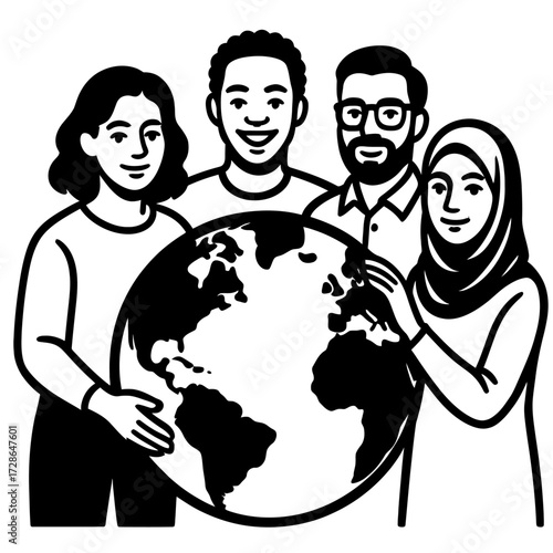 Diverse Group of People Holding a Globe Vector - World Unity, Diversity, and Global Partnership