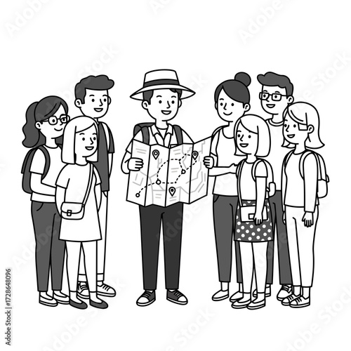 A Group of Tourists with a Guide