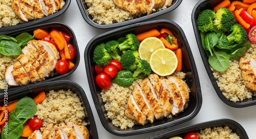 Healthy Meal Prep Containers Featuring Grilled Chicken Breast Served with Quinoa and Fresh Steamed Vegetables