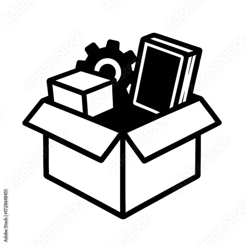 Product Box with Gear and Book Vector - Packaged Software, Hardware, and Solutions