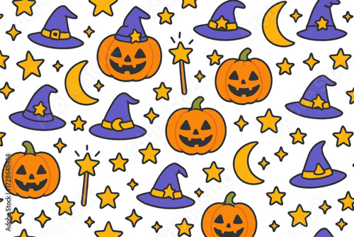 Halloween Pattern with Jack O Lanterns Witches Hats Stars and Moons in Bright Colors