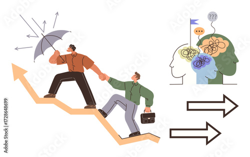 Two people climbing an arrow graph one holding an umbrella, guiding the other with a briefcase. Brainstorming heads, mental health, progress, and decision-making featured. Ideal for teamwork