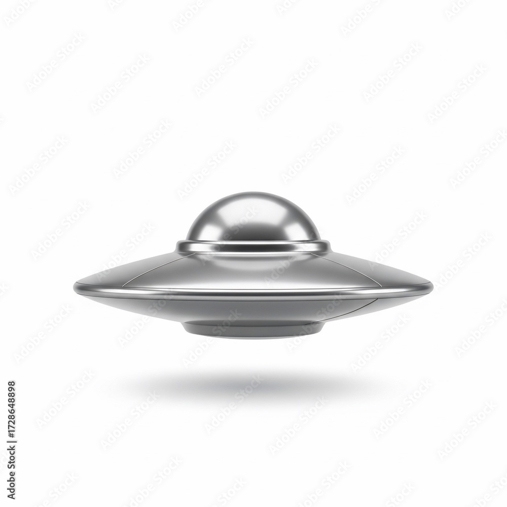 Fototapeta premium Shiny Metallic UFO Flying Saucer Isolated on White Background with Shadow.