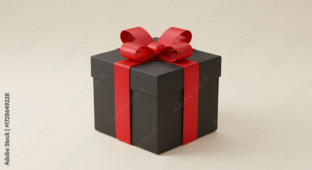 Obraz premium Elegant black gift box with red ribbon on soft neutral background 