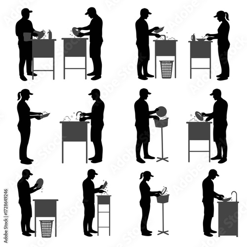 Silhouetted figures washing dishes at a sink, various poses and angles.