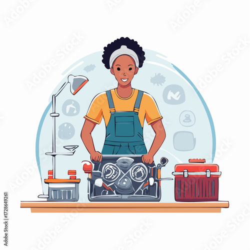 A smiling African American female mechanic with her toolbox, representing skilled labor and empowerment in the workplace