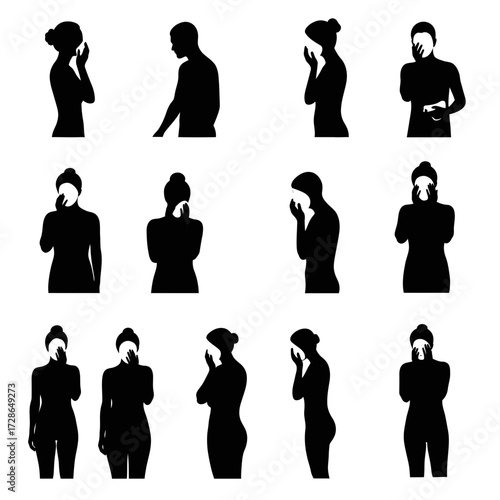 Silhouetted figures in various poses, depicting communication and contemplation.
