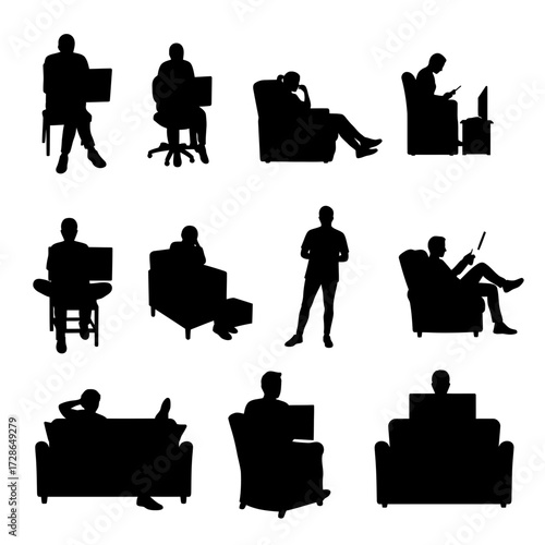 Silhouette collection depicting various individuals engaged in activities, using laptops and devices.