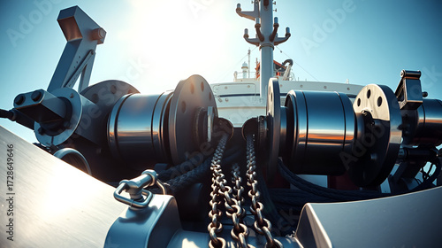 Close-up of gigantic winches and anchor chains on bow of oil tanker, metallic surfaces blazing in sunlight