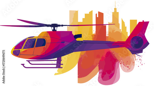 Colorful helicopter above cityscape