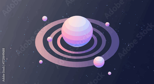Abstract illustration of a planet with rings and surrounding spheres, set against a starry background
