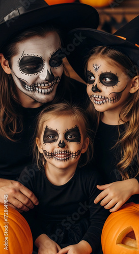 Father and two daughters in Halloween costumes, skull face paint, black attire, seated with pumpkins.  Spooky, family, festive image