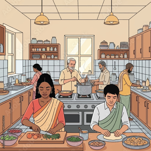 Illustration of a bustling community kitchen with diverse people of Indian descent cooking together.