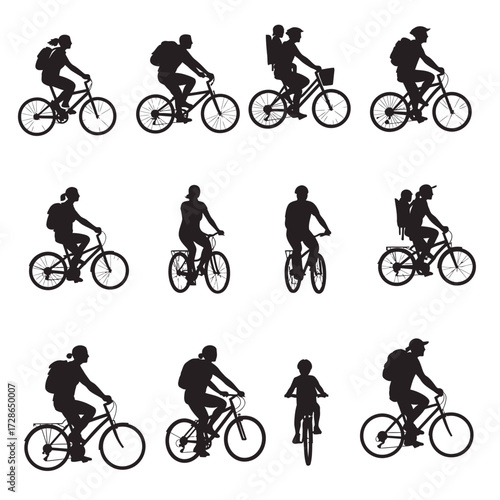 Silhouetted figures of people riding bicycles, some with backpacks, others carrying children.