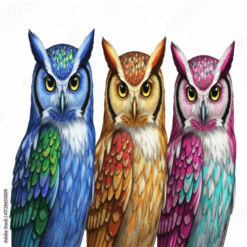 Three owls sitting on a branch