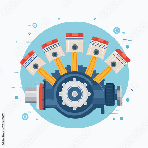 Detailed illustration of a mechanical engine with pistons and gears in a circular arrangement on a light blue background from a top viewpoint