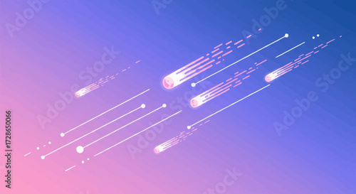 Meteor shower illustration against a gradient background, featuring glowing celestial bodies and trails
