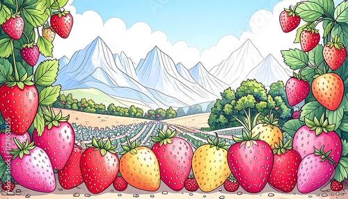 Vibrant strawberries frame a picturesque mountain valley strawberry farm