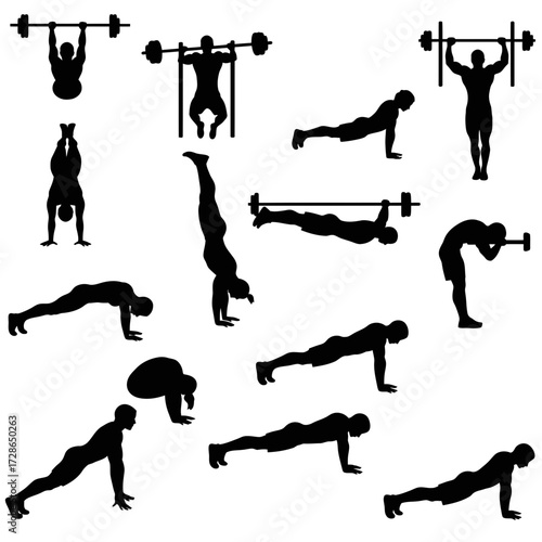 Silhouetted figures demonstrating various strength training exercises with barbells and bodyweight movements.