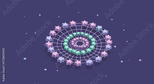 Abstract Circular Starburst Pattern with Pastel Hues on a Dark Blue Background