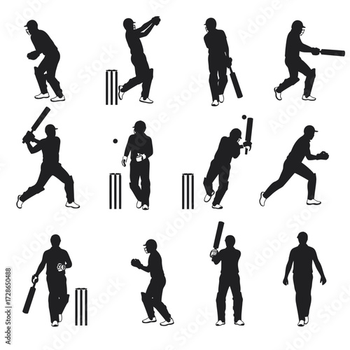 Silhouetted cricket players in various batting and fielding poses, action shots.