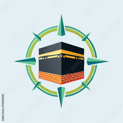 A 3D illustration of the Kaaba at Mecca surrounded by a compass, symbolizing direction and navigation in Islamic pilgrimage and religious practices.