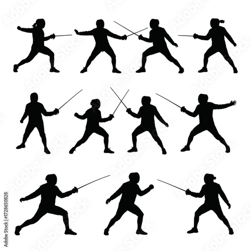 Silhouetted figures engaging in a fencing match, showcasing various stances and movements.