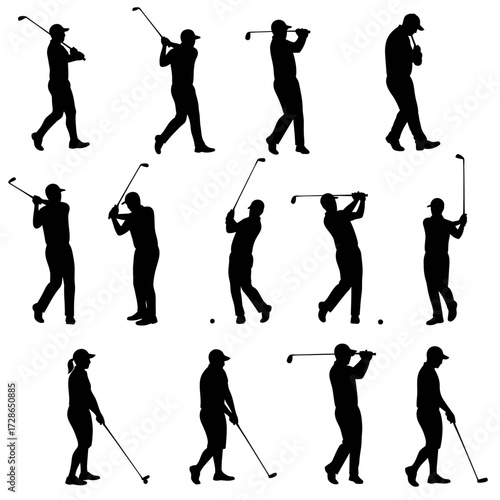 Silhouetted golfer performing a golf swing sequence, showing different phases of the swing.