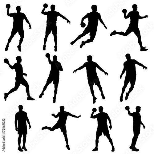 Silhouettes of handball players in various action poses, throwing, running, and jumping with the ball.