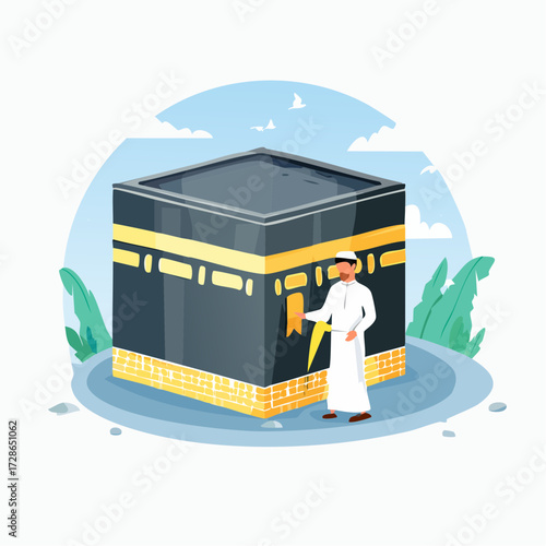 A man in traditional attire stands beside the Kaaba, an important Islamic site, in a serene environment.
