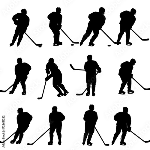 Silhouetted hockey players in various poses, skating and stick handling the puck.
