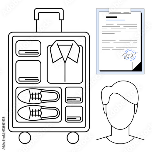 Packed suitcase with clothing and shoes, signed document, and generic head silhouette. Ideal for travel, work, preparation, planning, business trips agreements documentation. Modern simple flat