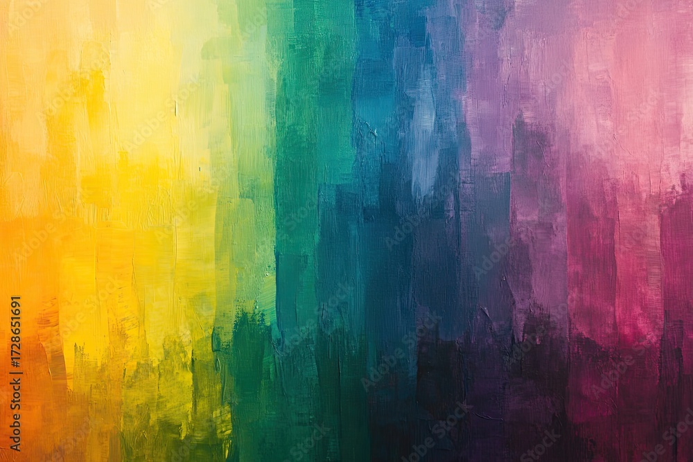 Fototapeta premium A blurred background of colors in the style of an oil painting, with a green and blue gradient on top and yellow, orange, red, purple, and pink hues at the bottom.