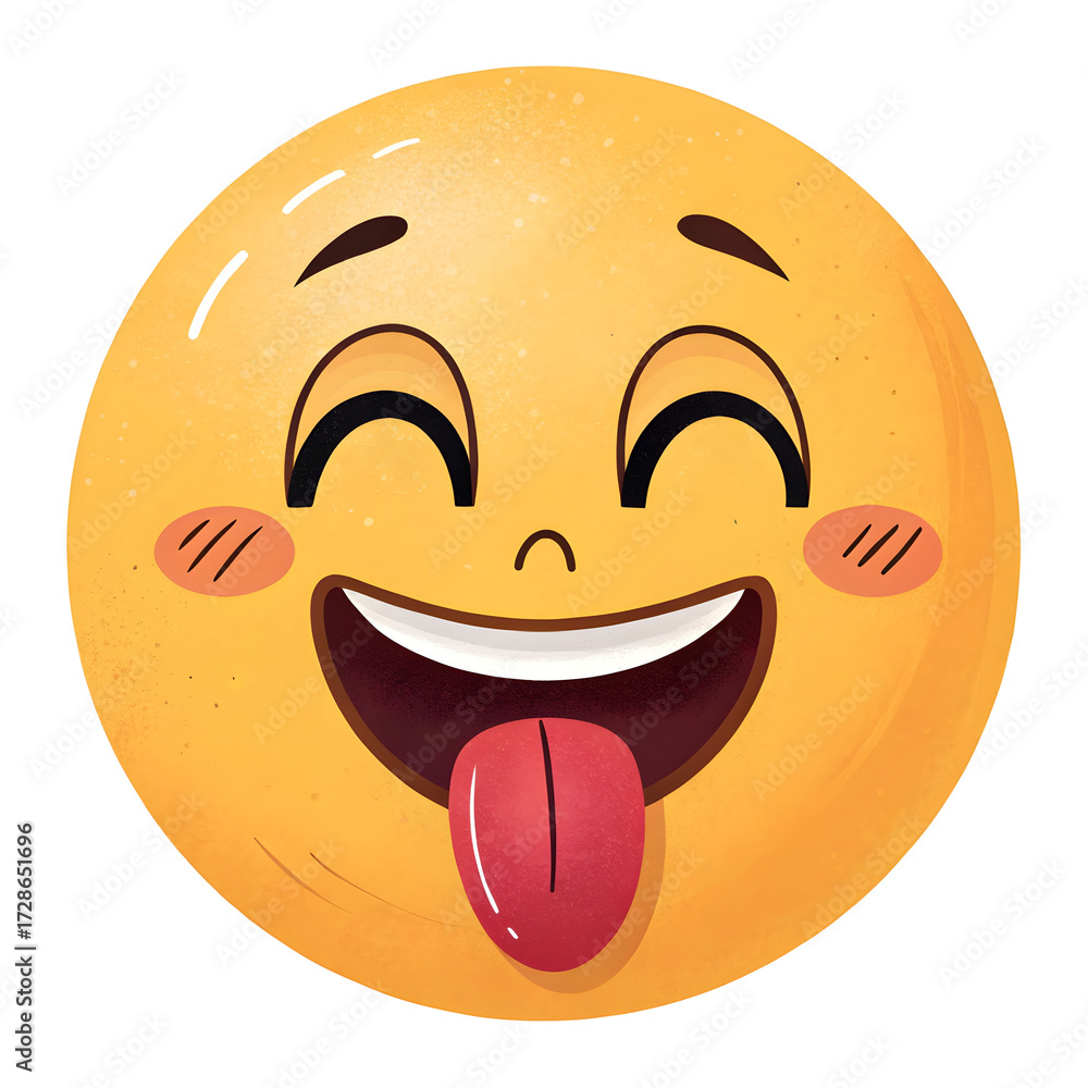 Fototapeta premium Emoji-style face with tongue out and one eye closed, isolated on white background, expressing playfulness, silliness, fun