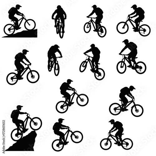 Silhouetted figures of mountain bikers in various dynamic riding poses, showcasing action and movement.
