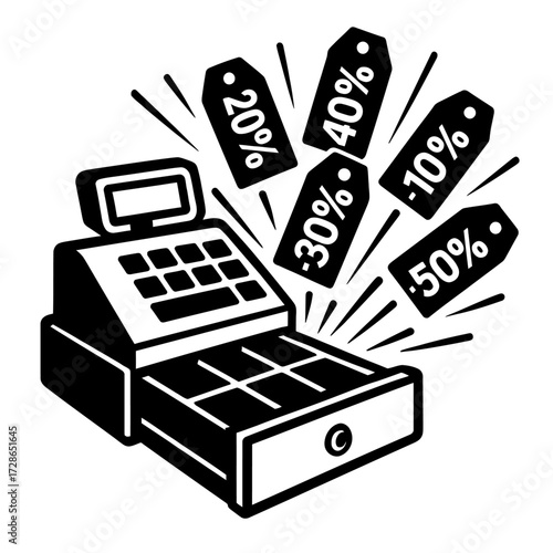 Cash Register with Floating Discount Labels - A Dynamic Vector for Retail Sale Promotions