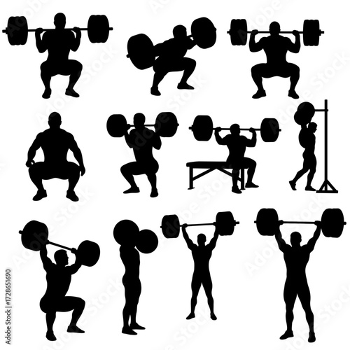 Silhouette illustrations of weightlifters performing squats and overhead presses with barbells in various positions.
