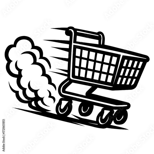 Conceptual Vector Illustration of a Fast-Moving Shopping Cart, Symbolizing Speed, Fast Delivery, E-commerce, and a Shopping Rush