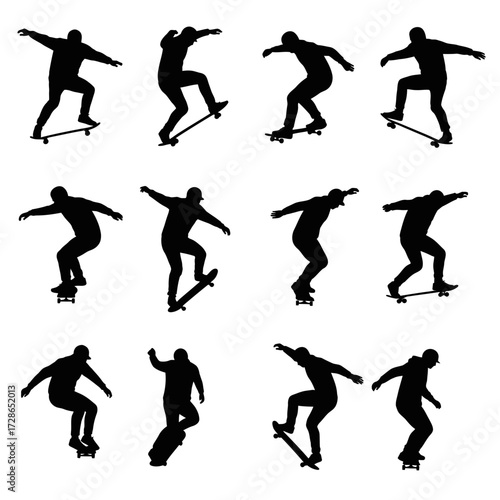 Silhouette sequence of a skateboarder performing various tricks and stances on a skateboard.
