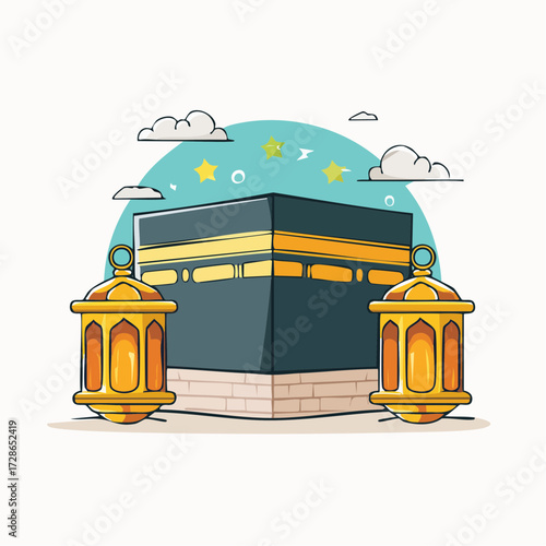 An illustration of the Kaaba in Mecca surrounded by lanterns under a serene sky with stars and clouds