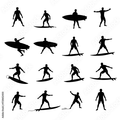 Collection of sixteen surfer silhouettes in various poses, standing and riding surfboards.