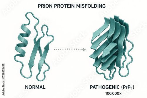 Illustration of normal and misfolded prion protein structures, highlighting the pathogenic form.
