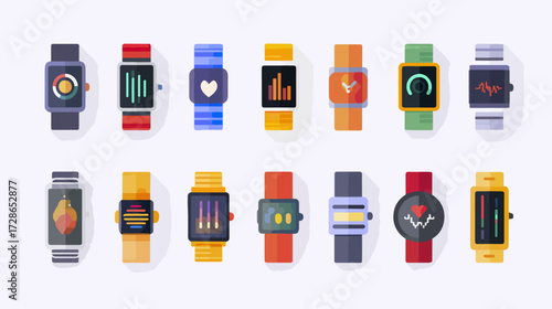 Colorful smartwatches displaying data