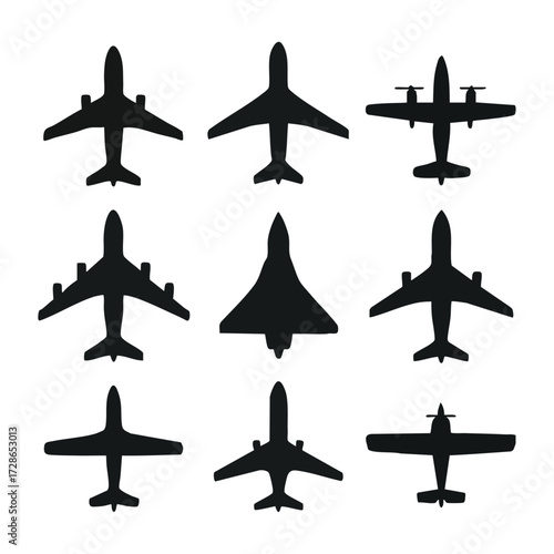 Airplane silhouettes from top view set