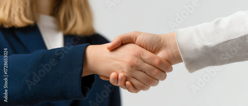 Two people shaking hands, symbolizing agreement, cooperation, or partnership, with focus on their hands and blurred background