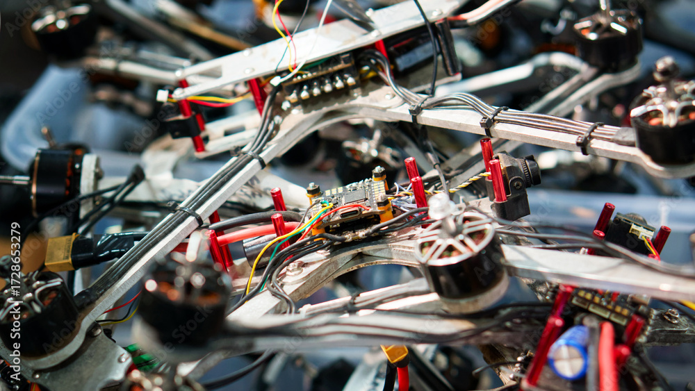 Fototapeta premium Close-up of disassembled quadcopter frames with wires, ESCs and brushless motors, centered on a flight controller in a workshop repair scene. Photo